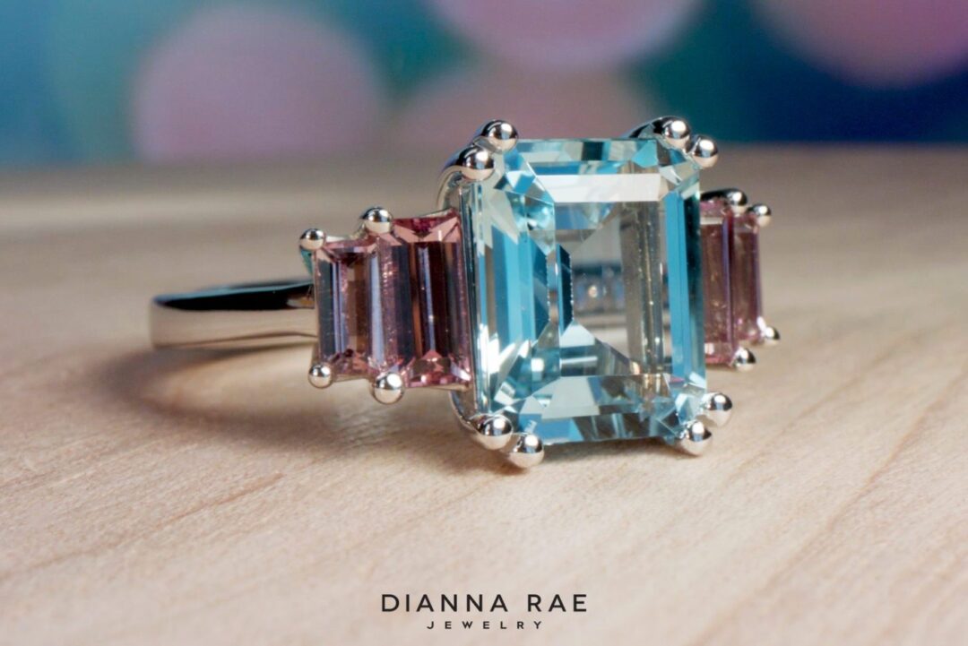 Perfect Pastel - White Gold Aquamarine and Pink Garnet Five Stone Ring - Image 5
