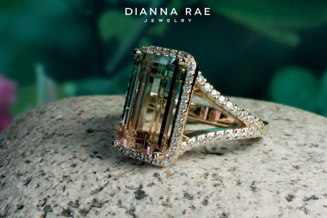Louisiana Sunset - Yellow Gold Sunset Tourmaline Ring with Diamond Halo
