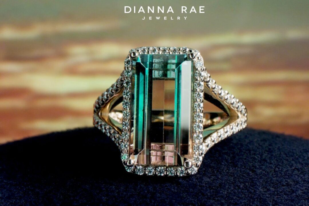 Louisiana Sunset - Yellow Gold Sunset Tourmaline Ring with Diamond Halo - Image 2