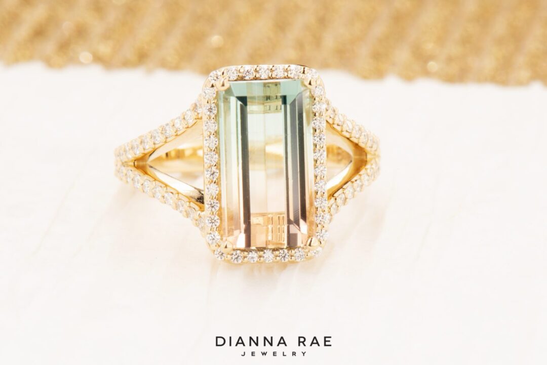 Louisiana Sunset - Yellow Gold Sunset Tourmaline Ring with Diamond Halo - Image 3
