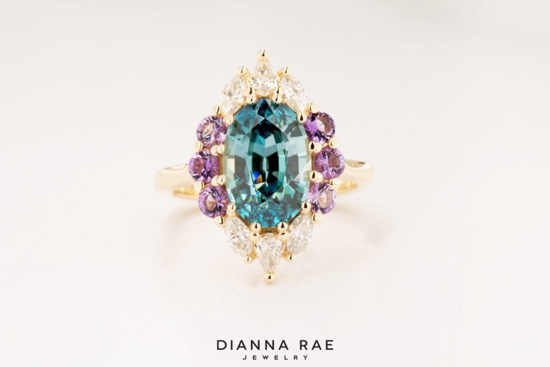 Oval Blue Zircon Ring with Diamond Halo - Image 6