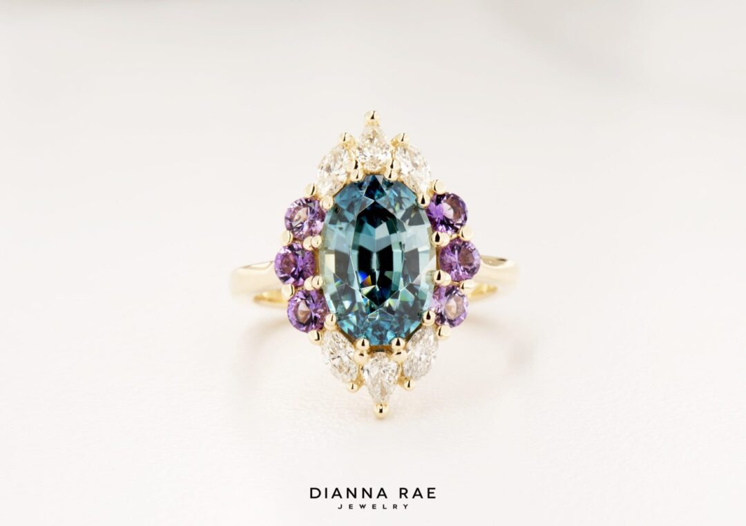 Oval Blue Zircon Ring with Diamond Halo - Image 7