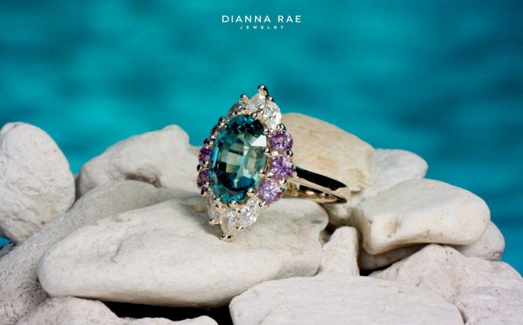 Oval Blue Zircon Ring with Diamond Halo - Image 10