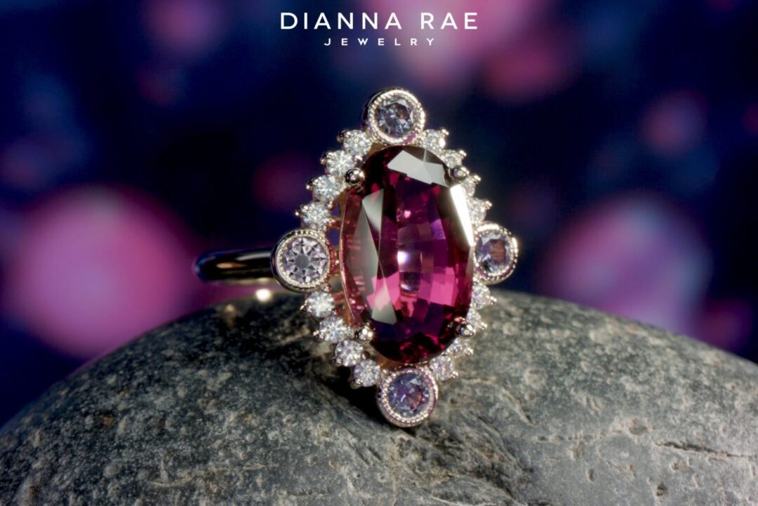 Crimson Shadow - Yellow Gold Rhodalite Garnet Ring with Garnet and Diamond Halo