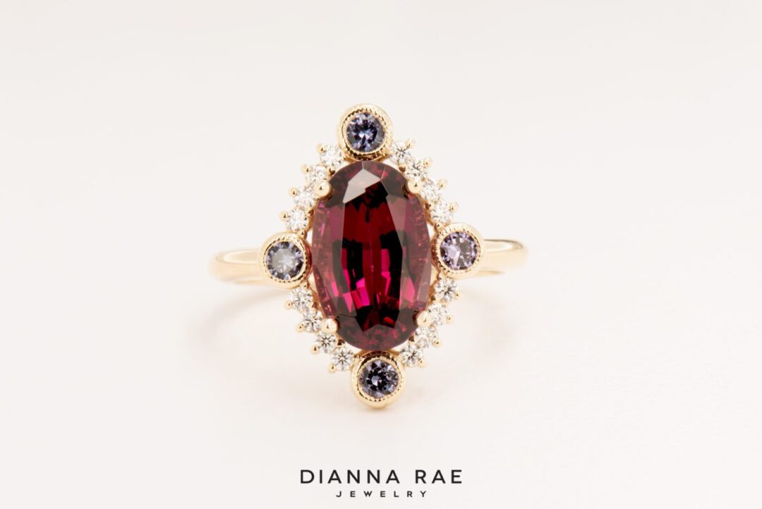 Crimson Shadow - Yellow Gold Rhodalite Garnet Ring with Garnet and Diamond Halo - Image 2