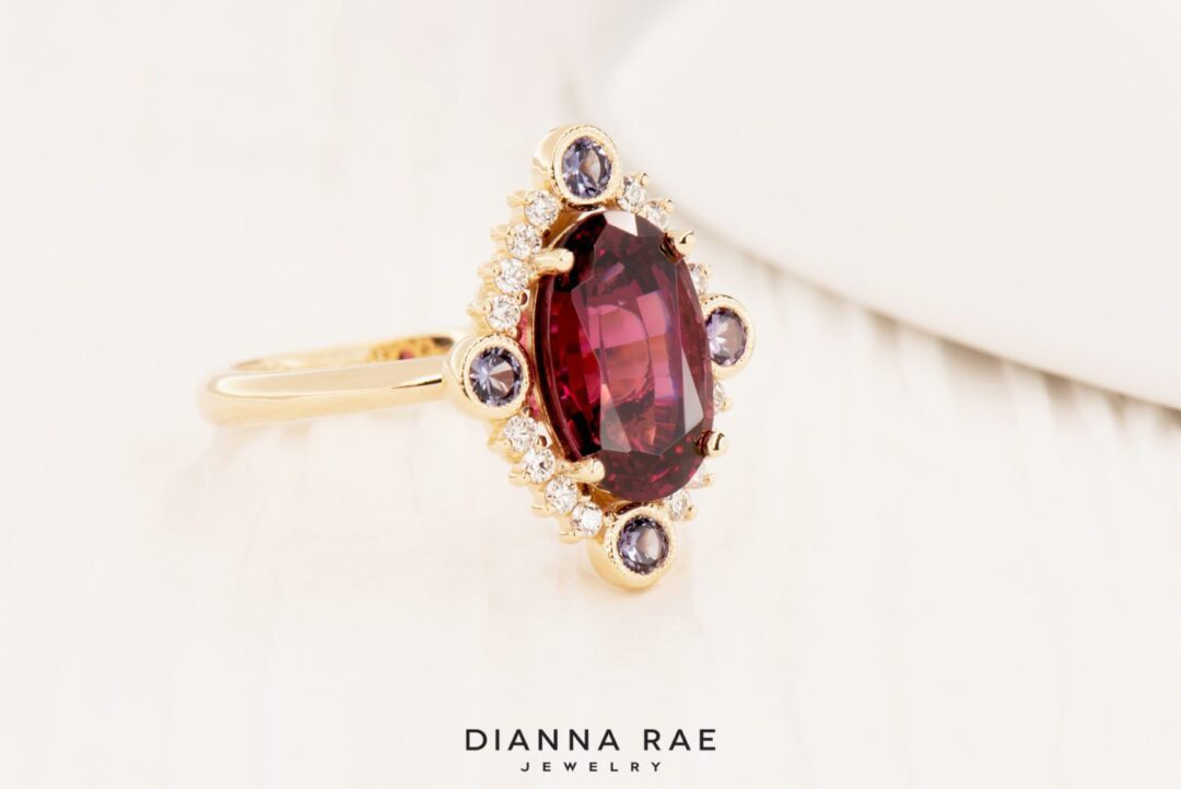 Crimson Shadow - Yellow Gold Rhodalite Garnet Ring with Garnet and Diamond Halo - Image 3