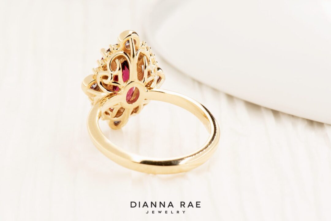 Crimson Shadow - Yellow Gold Rhodalite Garnet Ring with Garnet and Diamond Halo - Image 4