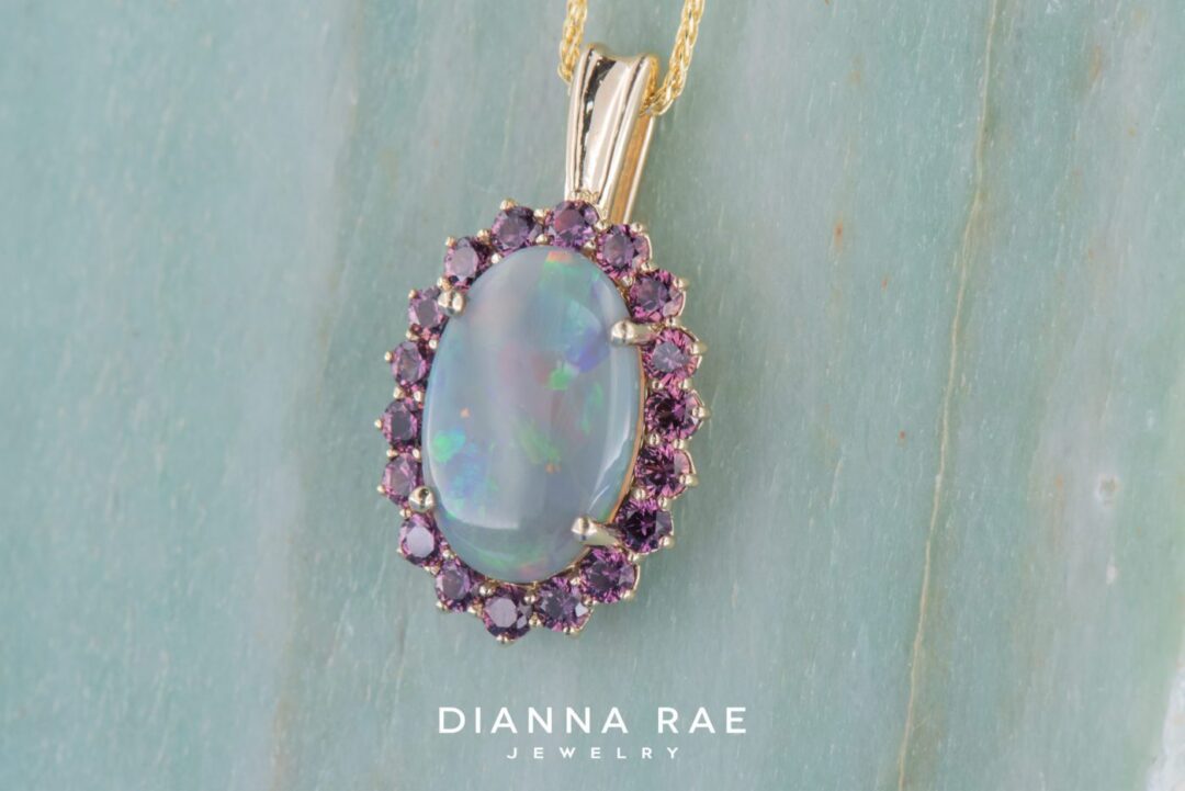 14k Yellow Gold Opal and Aubergene Sapphire Pendant