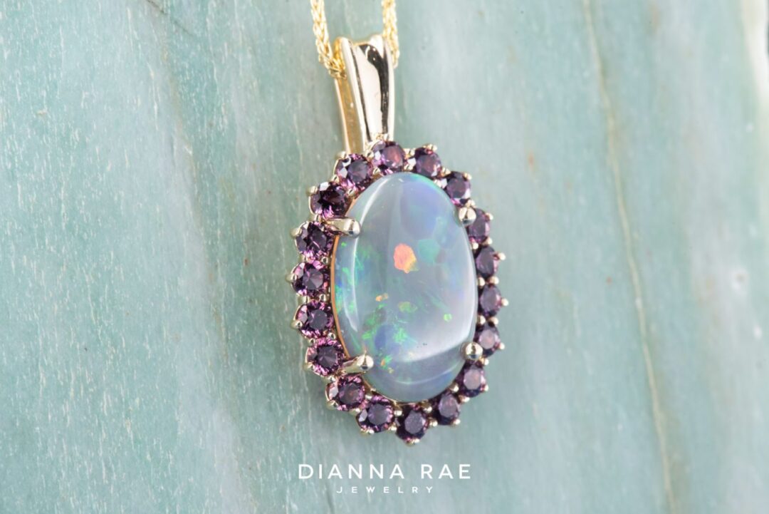 14k Yellow Gold Opal and Aubergene Sapphire Pendant - Image 2