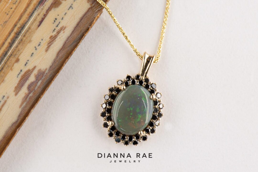 14k Yellow Gold Opal Pendant with Black Diamonds