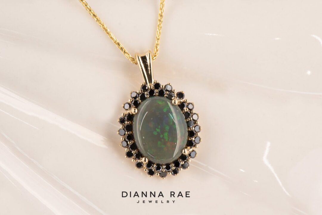14k Yellow Gold Opal Pendant with Black Diamonds - Image 2