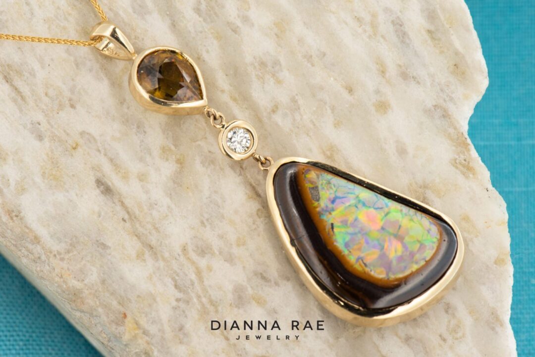 14k Yellow Gold Yowah Opal, Sphene, and Diamond Pendant - Image 2