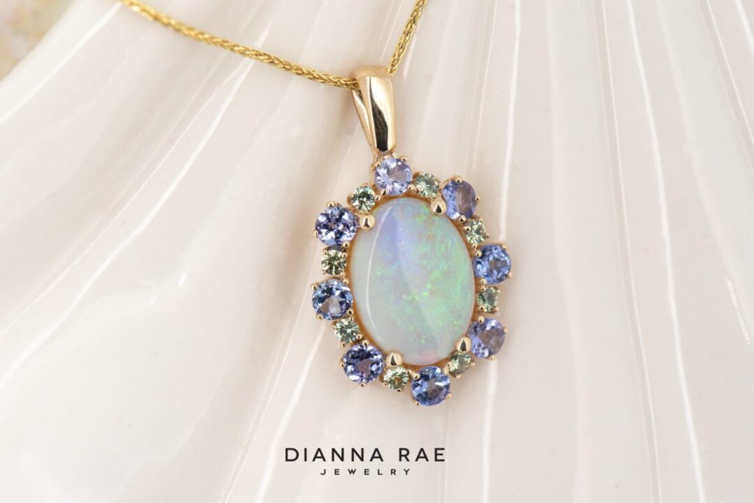14k White Gold Opal Pendant with Tanzanite and Demantoid Garnets
