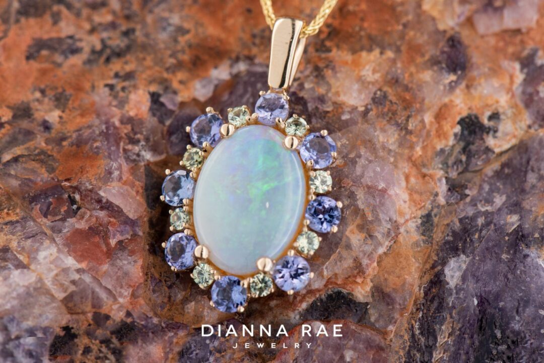 14k White Gold Opal Pendant with Tanzanite and Demantoid Garnets - Image 3