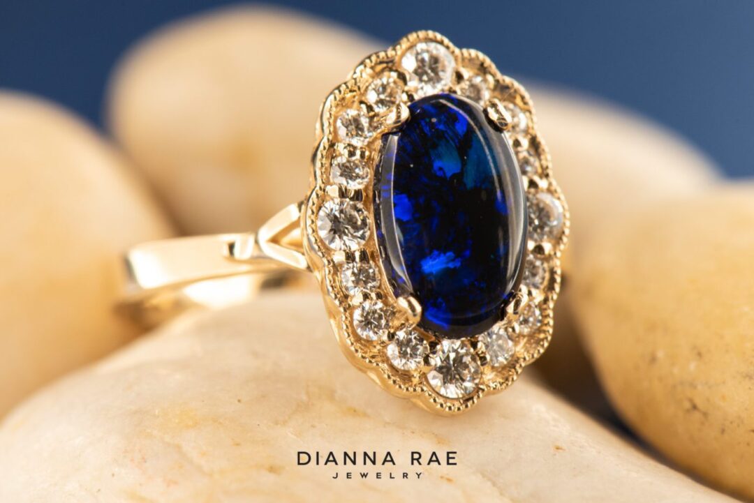 14k Yellow Gold Black Opal and Diamond Magnolia RIng