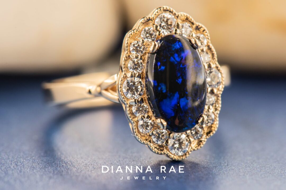 14k Yellow Gold Black Opal and Diamond Magnolia RIng - Image 2