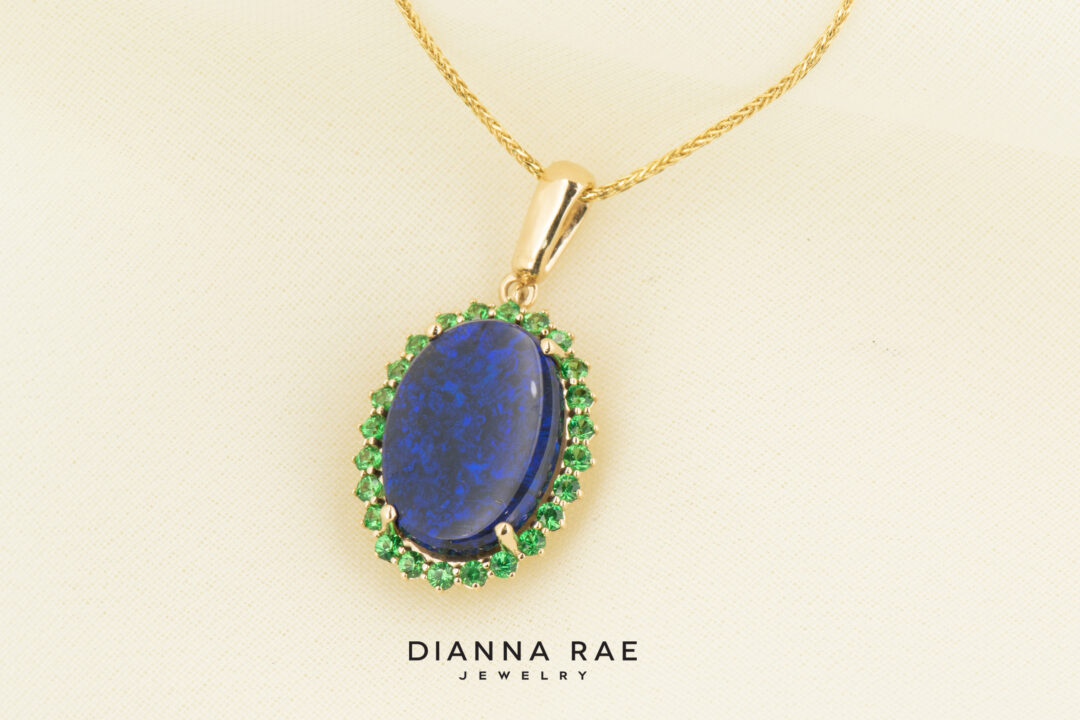 14k Yellow Gold Black Opal and Tsavorite Pendant