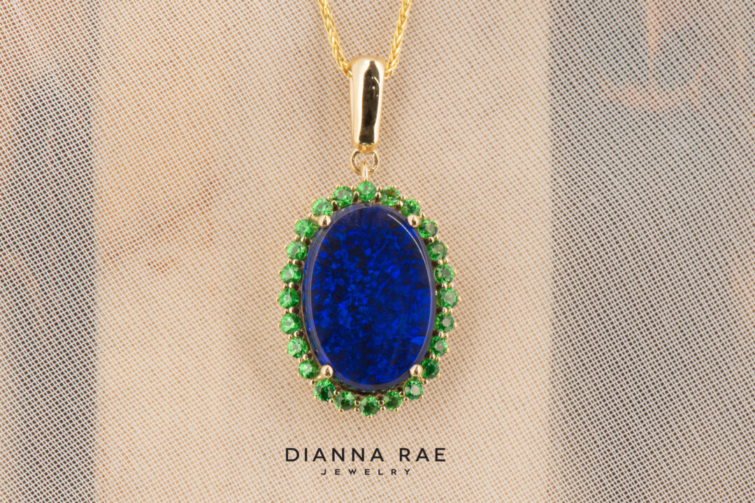 14k Yellow Gold Black Opal and Tsavorite Pendant - Image 2