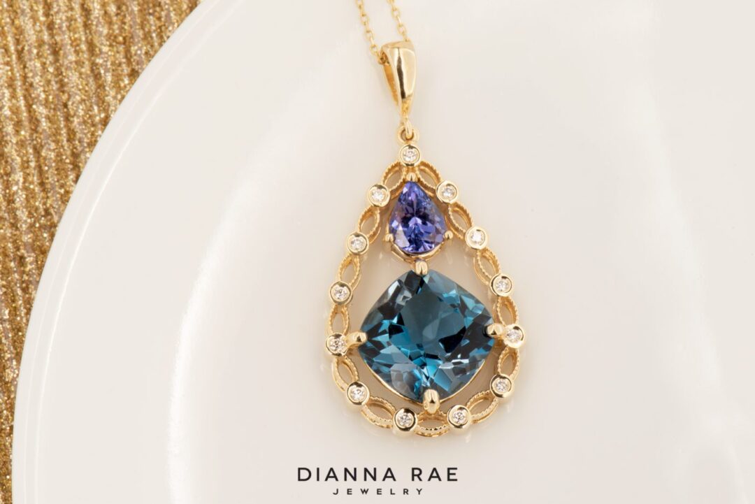 Brilliant Lace  - Yellow Gold Topaz and Tanzanite Halo Style Pendant - Image 2