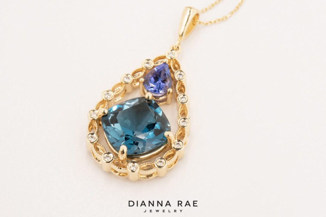 Brilliant Lace  - Yellow Gold Topaz and Tanzanite Halo Style Pendant - Image 3