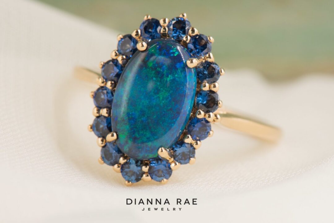 14k Yellow Gold Black Opal and Sapphire Ring