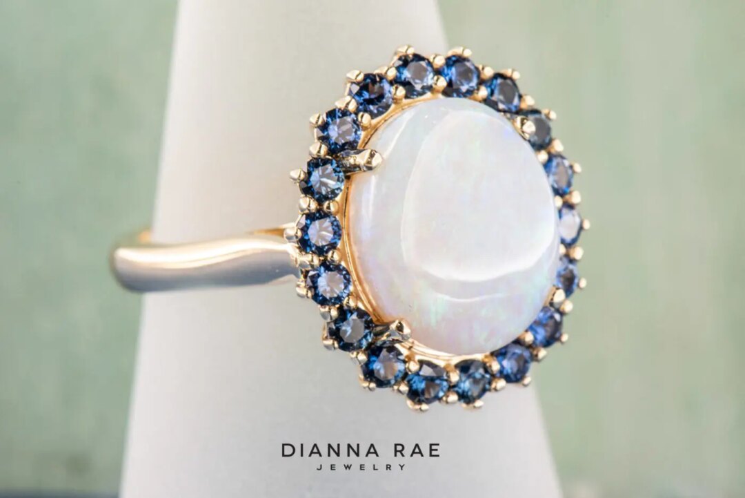 14k Yellow Gold White Opal with Sapphire Cluster Ring