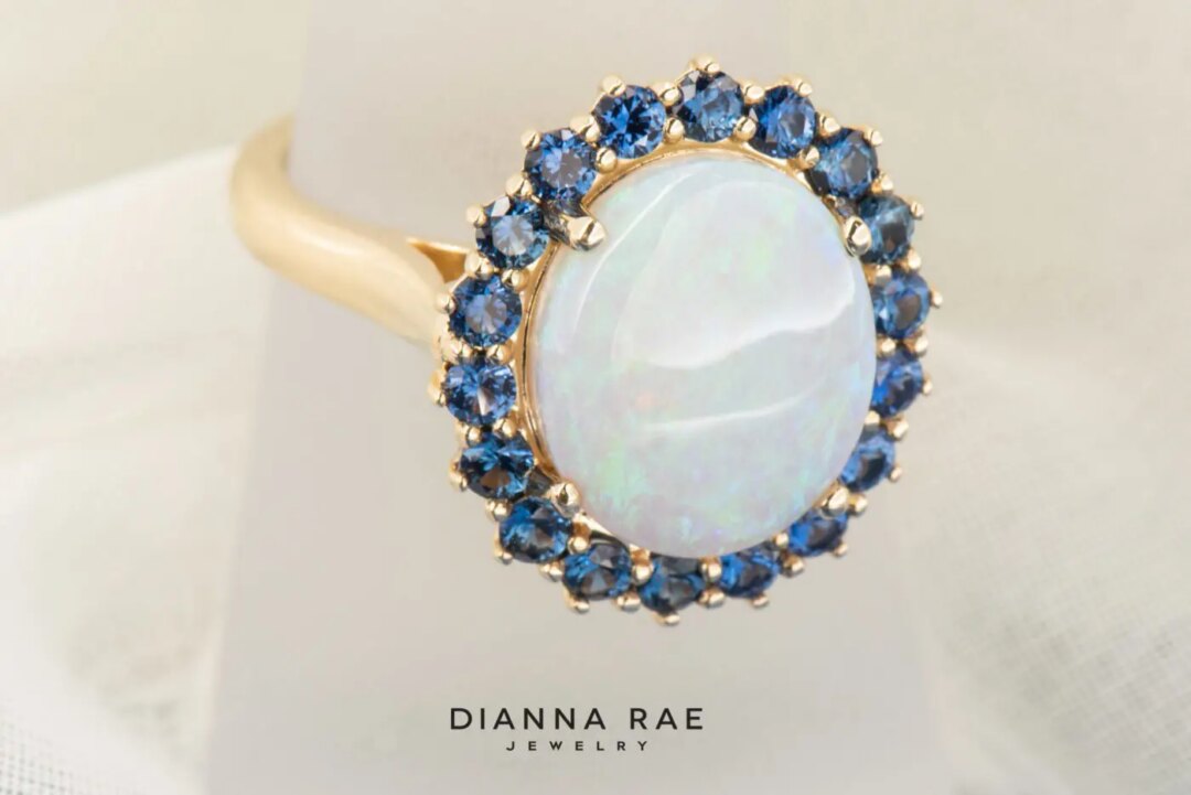 14k Yellow Gold White Opal with Sapphire Cluster Ring - Image 2