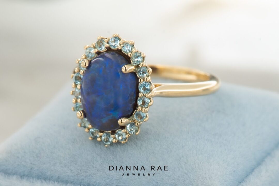 Yellow Gold Black Opal with Sky Blue Topaz Cluster Ring - Image 3