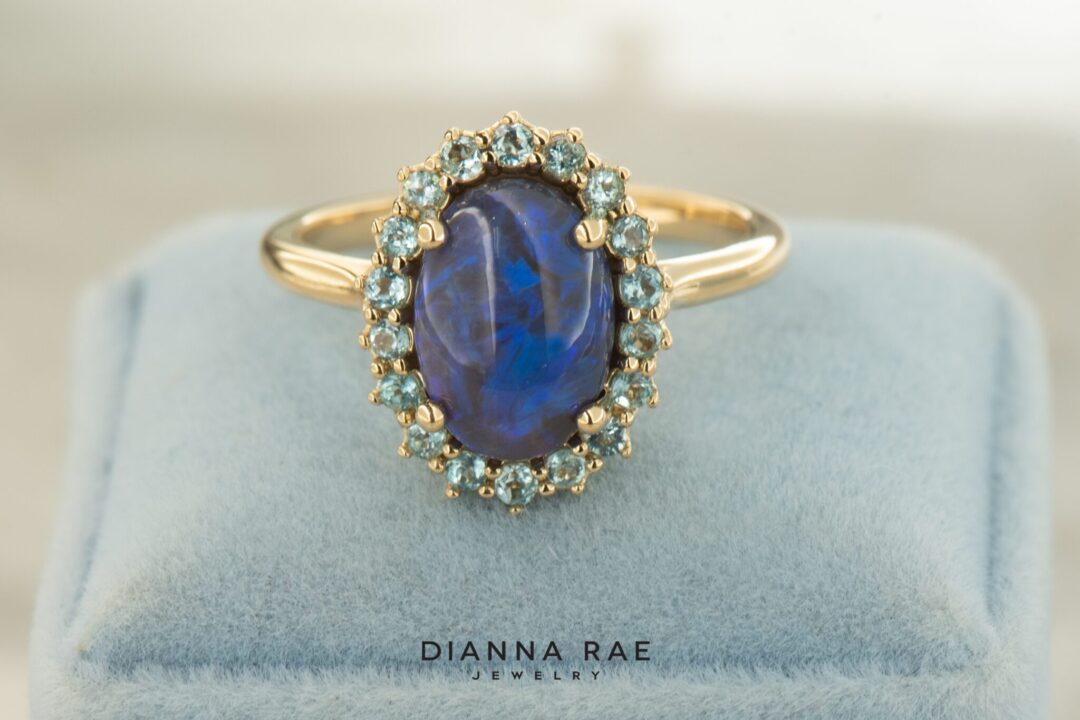 Yellow Gold Black Opal with Sky Blue Topaz Cluster Ring - Image 4