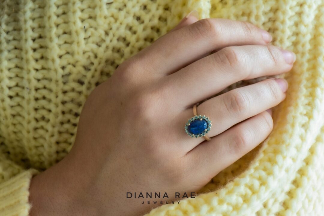 Yellow Gold Black Opal with Sky Blue Topaz Cluster Ring - Image 5