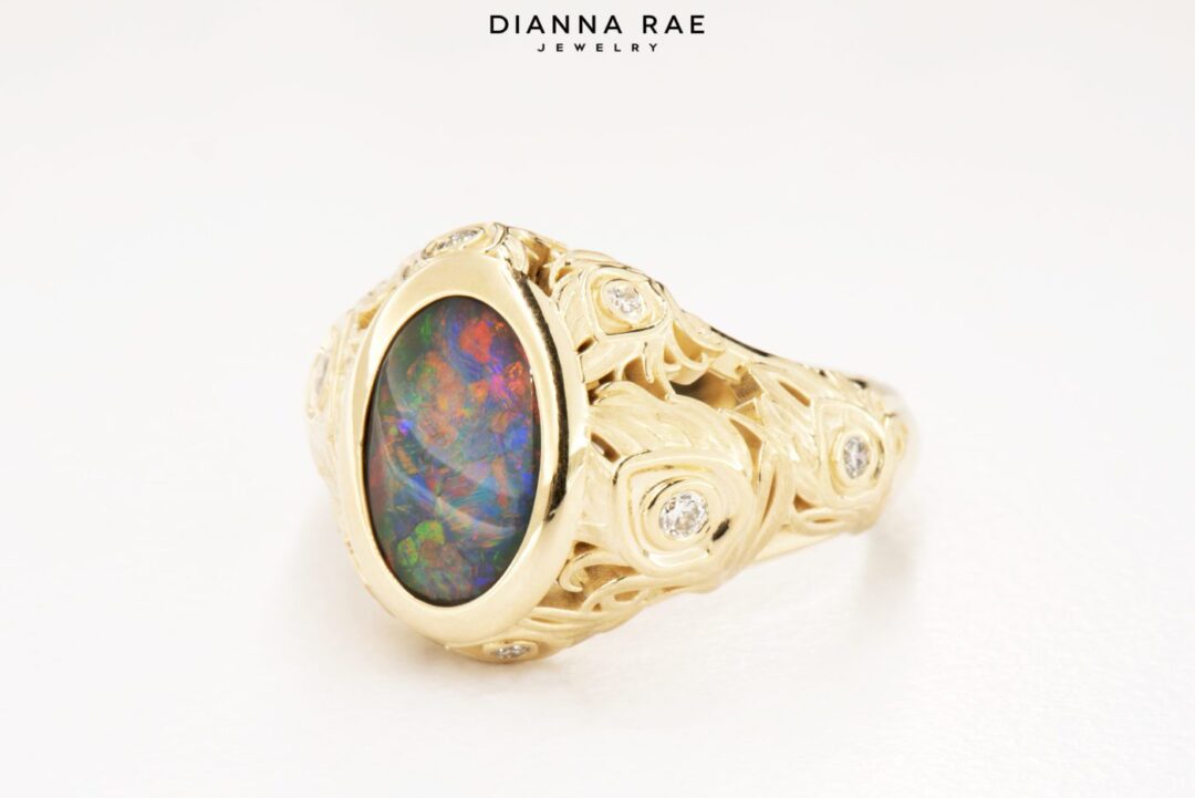 Tail Feathers - Black Opal Peacock Ring
