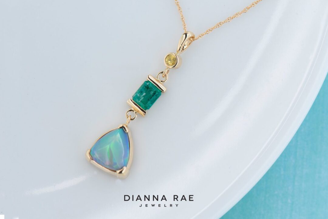 14K Yellow Gold Trillion Opal Pendant with Emerald and Yellow Sapphire - Image 2