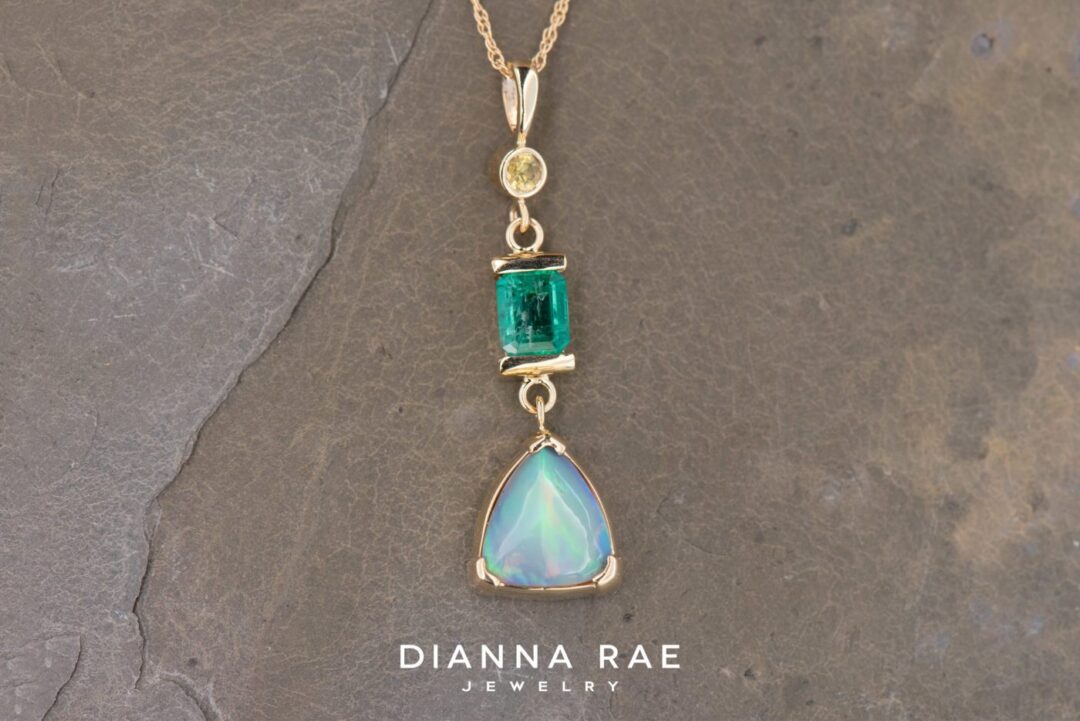 14K Yellow Gold Trillion Opal Pendant with Emerald and Yellow Sapphire