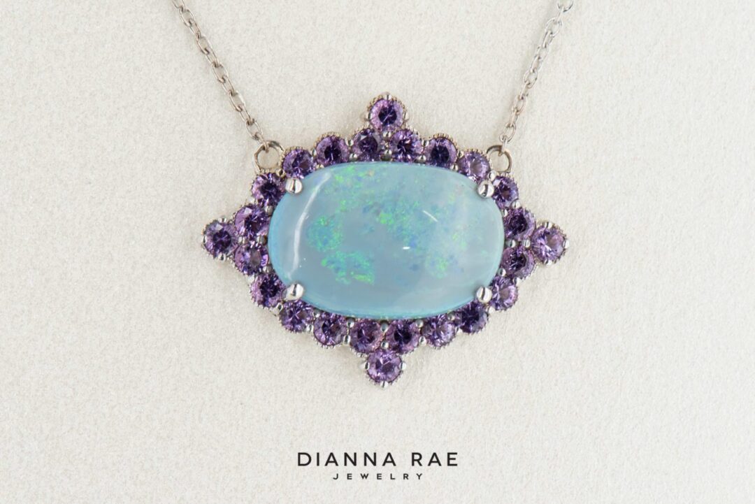 14k White Gold Opal and Amethyst Pendant - Image 2