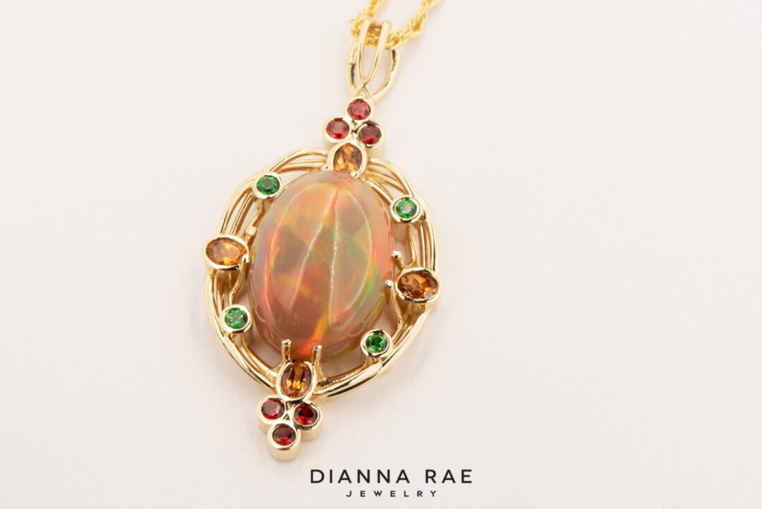 Woven Fire - Yellow Gold Ethiopian Opal and Gemstone Pendant - Image 2