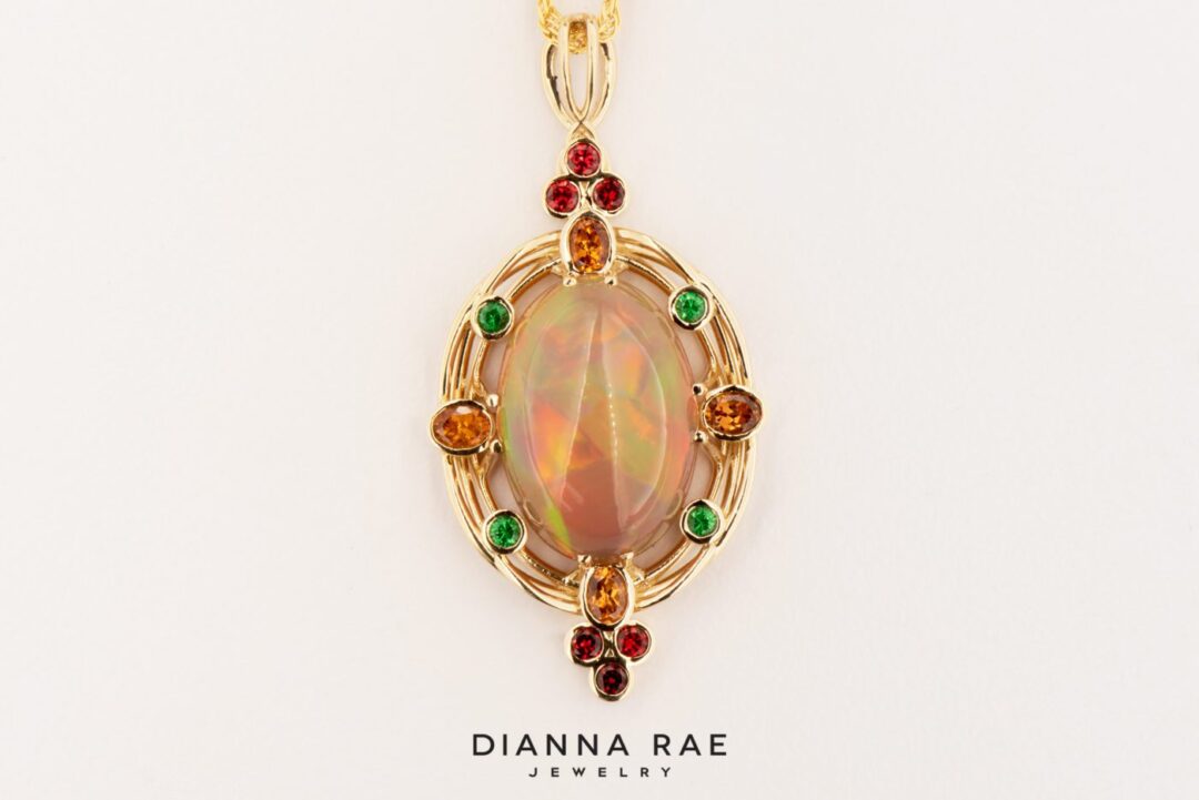 Woven Fire - Yellow Gold Ethiopian Opal and Gemstone Pendant