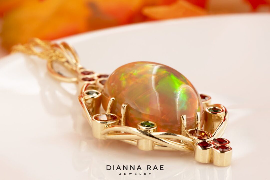 Woven Fire - Yellow Gold Ethiopian Opal and Gemstone Pendant - Image 3