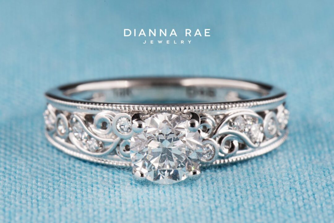 Poppy Vintage Inspired Round Engagement Ring with Filigree Milgrain and Diamond Accents