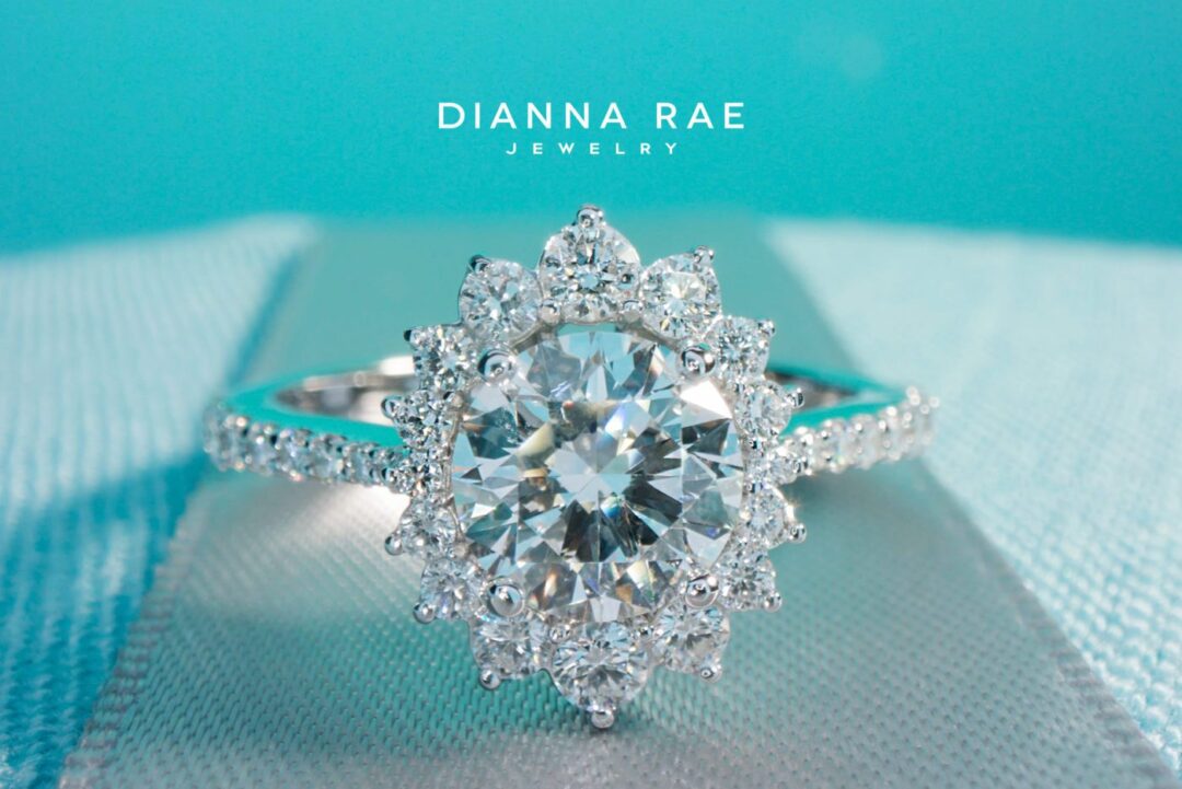 Evangeline - White Gold Round Cluster Halo Engagement Ring with Diamond Band - Image 6