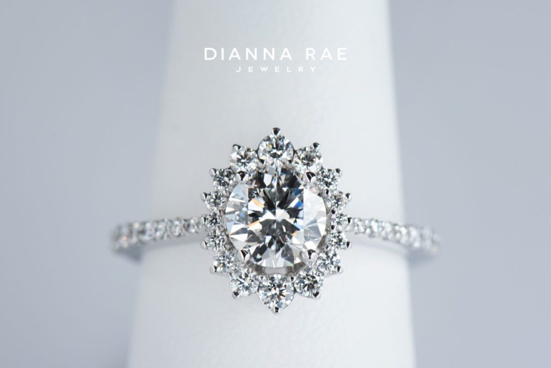 Evangeline - White Gold Round Cluster Halo Engagement Ring with Diamond Band - Image 5
