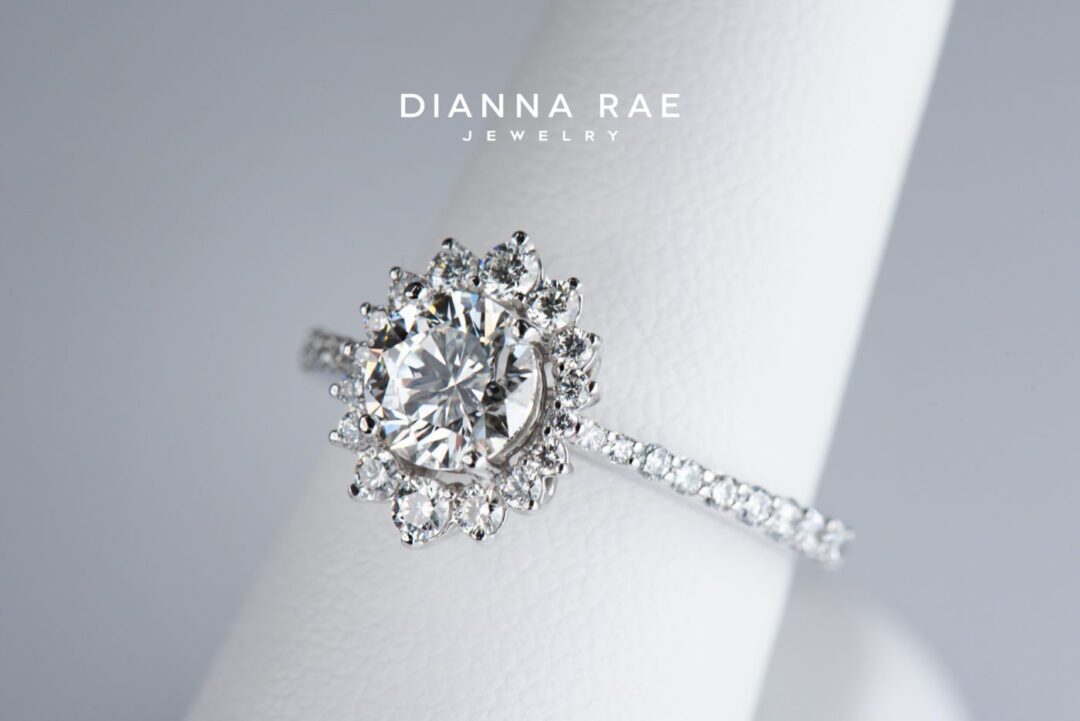 Evangeline - White Gold Round Cluster Halo Engagement Ring with Diamond Band - Image 4