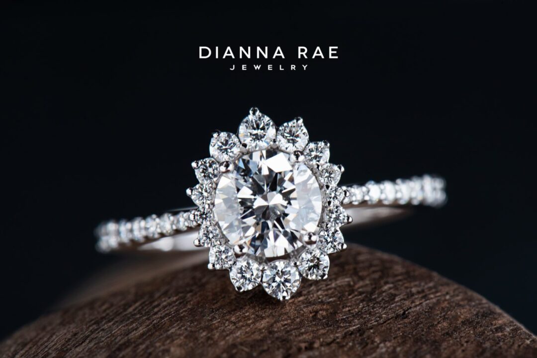 Evangeline - White Gold Round Cluster Halo Engagement Ring with Diamond Band - Image 3