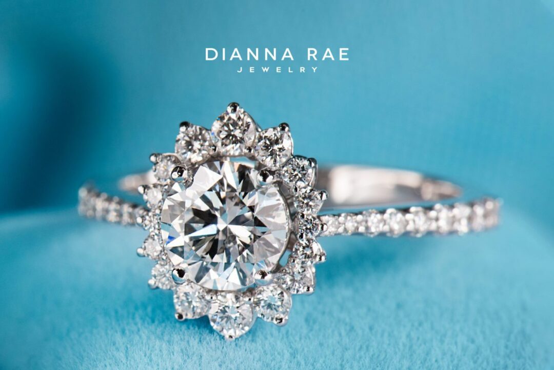 Evangeline - White Gold Round Cluster Halo Engagement Ring with Diamond Band - Image 2