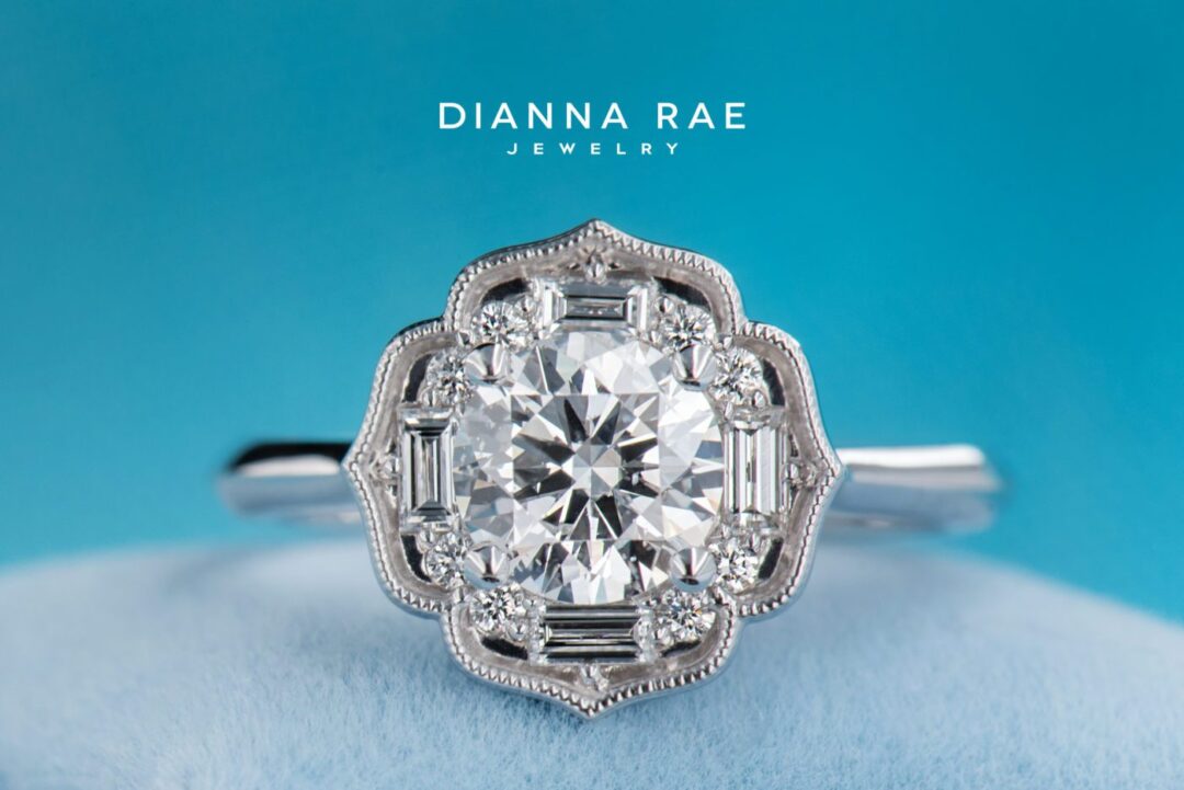 Amaryllis - White Gold Round Halo Engagement Ring with Baguette Diamond Accents