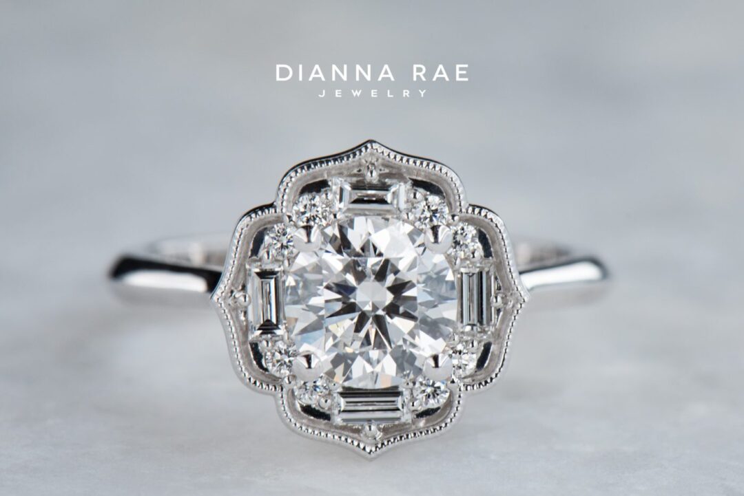Amaryllis - White Gold Round Halo Engagement Ring with Baguette Diamond Accents - Image 2