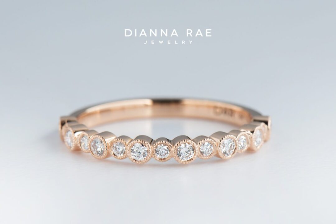 Rose Gold Round Diamond Bezel Set Stackable Wedding Band with Milgrain Accents