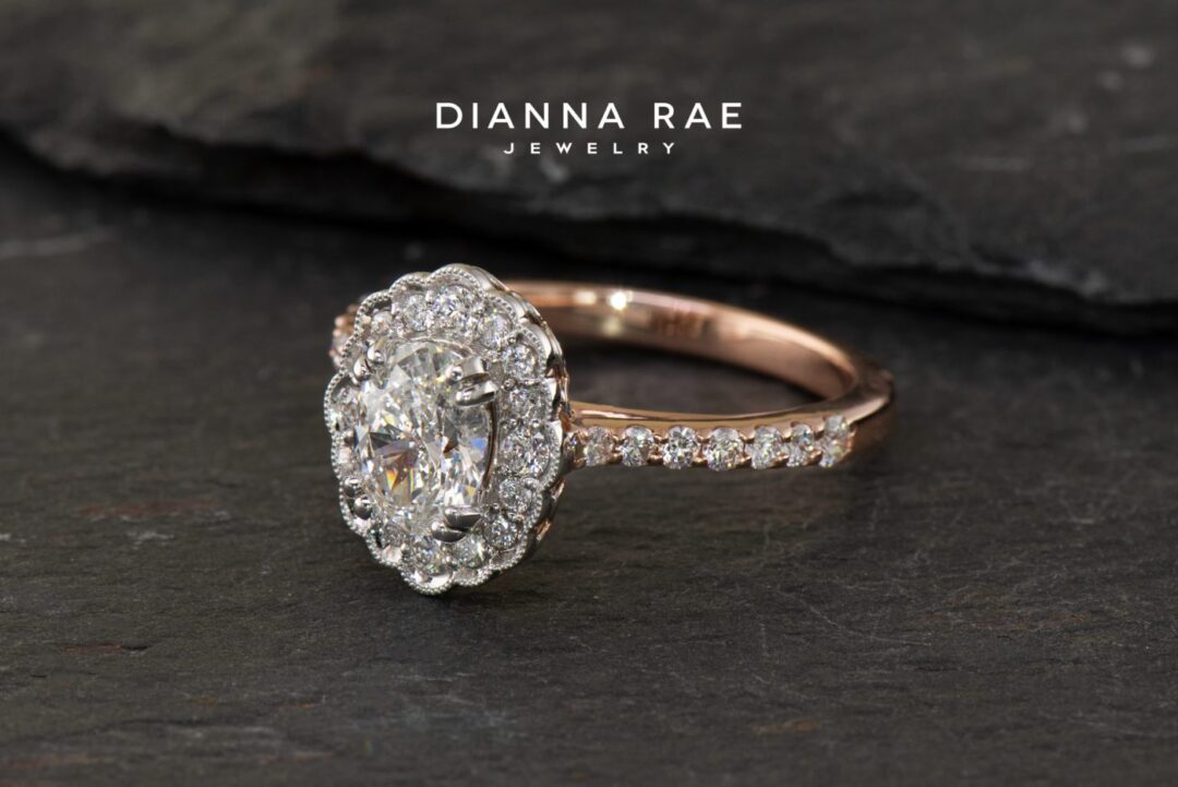 Magnolia Bloom - Two Tone Rose/White Gold Oval Engagement Ring with Diamond Accents
