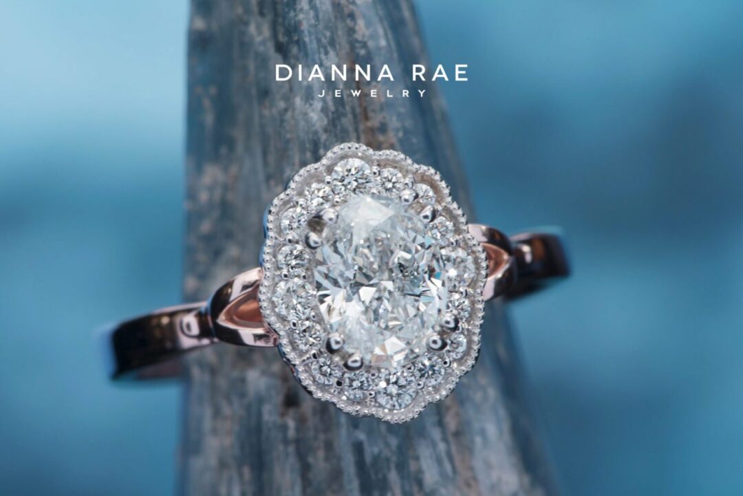 Magnolia - Two Tone Rose/White Gold Oval Scalloped Halo Engagement Ring