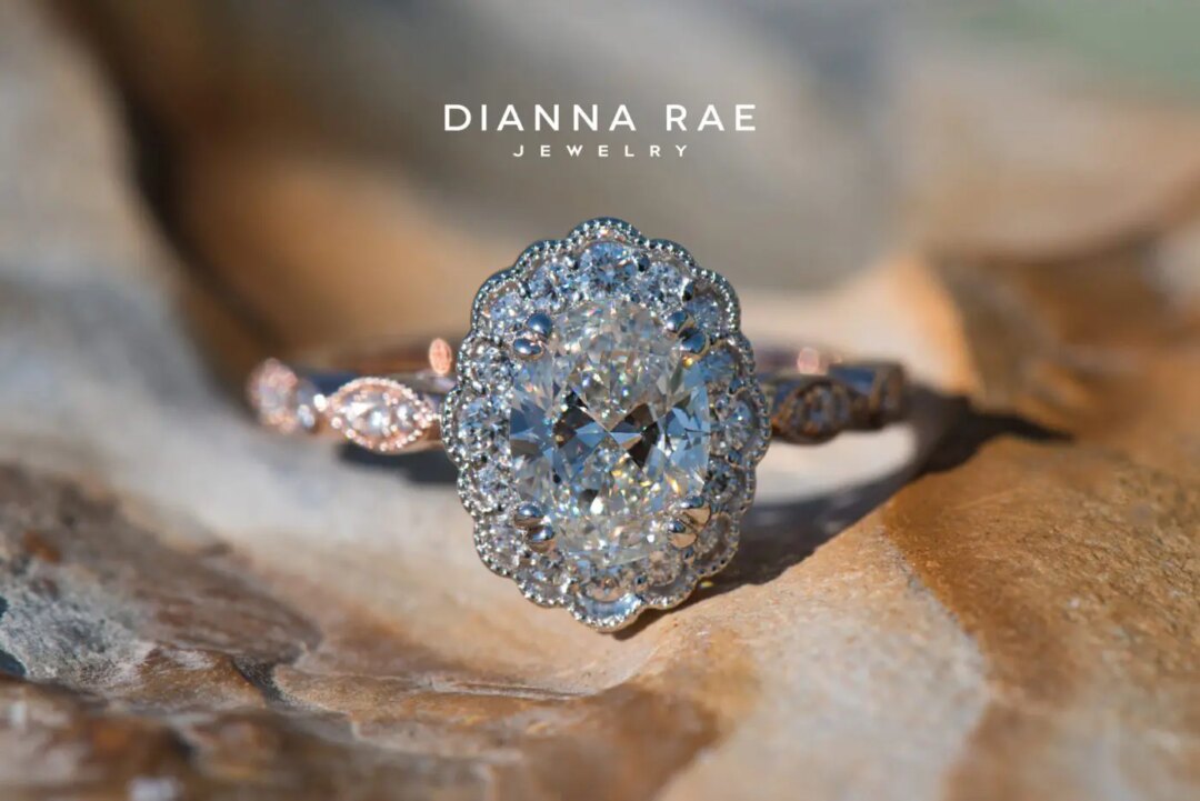 Magnolia Petal - Two Tone Rose/White Gold Oval Vintage Inspired Halo Engagement Ring - Image 2