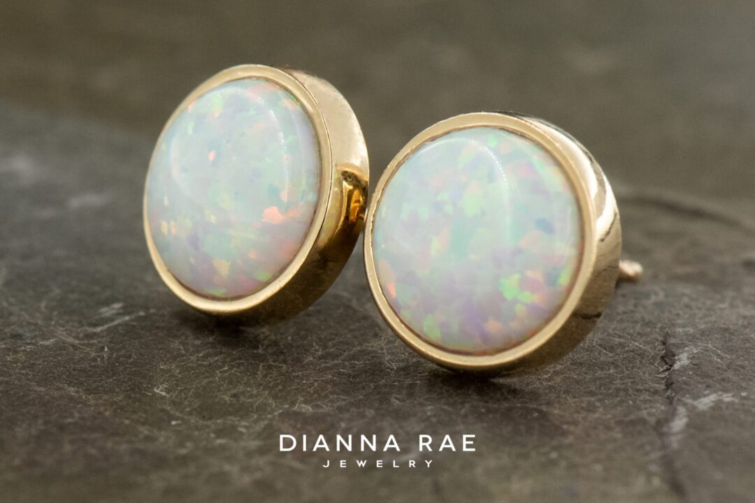 14k Yellow Gold Natural Opal Bezel Stud Earrings - Image 3